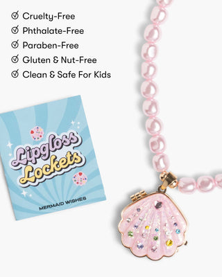 Super Smalls Sparkle Shell Lipgloss Locket necklace featuring a shiny shell charm and a built-in lip gloss compartment.