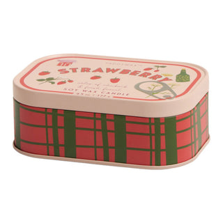 Paddywax Bistro Tin Candle in 4.5 oz strawberry scent, featuring a small metal container with a lit candle and strawberry design.