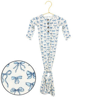 Blue Lou Lou and Company Knotted Gown with bows, featuring a soft fabric and gentle design for infants or toddlers.