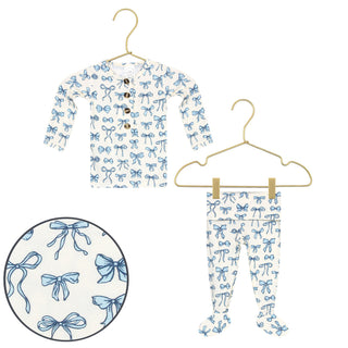 Lou Lou and Company Top and Bottoms - Stella
Children's outfit with blue bow pattern on a white background