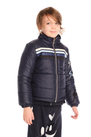 Chaser Winter Bolts Jacket 
Child wearing a dark blue puffer jacket with white stripes on a white background