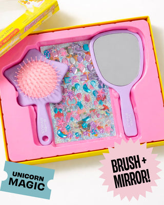Super Smalls Unicorn Style & Shine Gemify® Beauty Kit box with colorful hair brush and sparkly accents, designed for kids' hair styling.