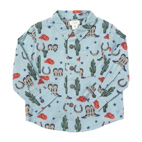 Blue Rooster Boys Jack Shirt - Tiny Rodeo, Pink Chicken, Blue Rooster, Cactus, cf-size-5y, cf-type-shirt, cf-vendor-pink-chicken, Cowboy Boots, Pink Chicken, Pink Chicken Boys Jack Shirt, Pin