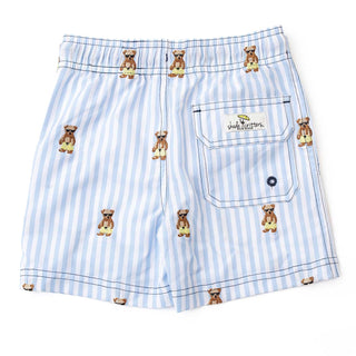 Boy wearing Shade Critters embroidered Teddy Icon swim trunks, colorful swimwear for boys with playful teddy design.