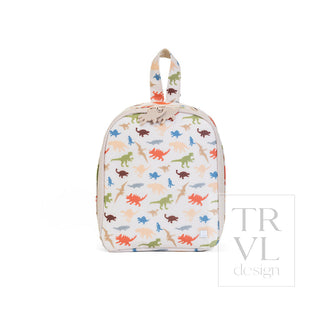 TRVL Designs Bring It! Lunch Bag - Dino Roar
Small backpack with dinosaur pattern on a white background, featuring the brand 'TRVL design'.