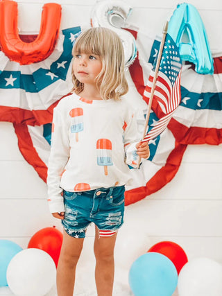 Brokedown Clothing Kid's patriotic popsicle sweatshirt featuring red, white, and blue colors with a fun popsicle design.