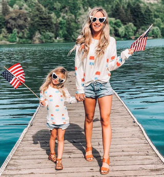 Brokedown Clothing Kid's patriotic popsicle sweatshirt with red, white, and blue design, suitable for children aged 6 months.