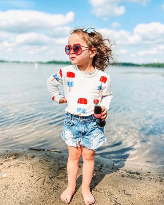 Brokedown Clothing Kid's Patriotic Popsicle Sweatshirt, navy blue with red and white patriotic popsicle design, suitable for children.