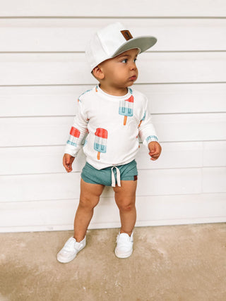 Brokedown Clothing Kid's patriotic popsicle sweatshirt with red, white, and blue design, cozy cotton fabric, front graphic, and ribbed cuffs.