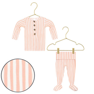 Lou Lou and Company Top and Bottoms - Brynn
Striped baby outfit with top and pants on hangers against a white background