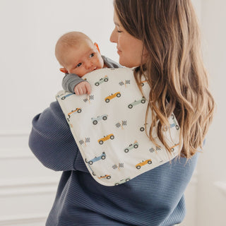 Copper Pearl Speedster burp cloth set featuring soft, absorbent cloths with colorful speedster print for comfortable baby feeding.