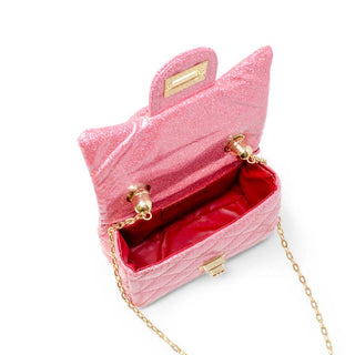 Zomi Gems Classic Sparkle Top Handle Handbag - Pink Lemonade
Pink glittery handbag with gold chain strap on a white background