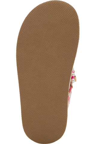 Steve Madden Kid's Leigh Slip-On - Taupe
Top-down view of a brown textured flip-flop sandal sole with a small glimpse of a pink and white patterned strap on the right side, isolated on a white background.