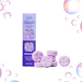 The Lavish Goat Shower Steamers Box - Slumber: Lavender
Purple shower steamers with packaging and bubbles on a white background