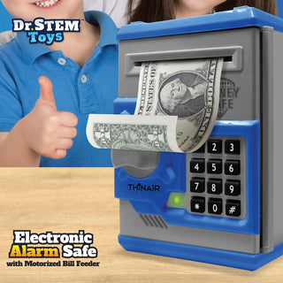 Dr. Stem Electronic Alarm Safe
A blue and gray Dr. STEM Toys electronic alarm safe with a motorized bill feeder, shown with a child in a blue shirt giving a thumbs-up in the background.