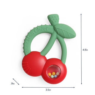 Itzy Ritzy Bitzy Shake silicone teether with rattle, featuring a cherry design, soft silicone material, and playful rattling elements.