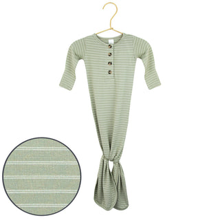 Lou Lou and Company Knit Knotted Gown - Carson
Green striped baby dress on a hanger with a close-up of the fabric texture.