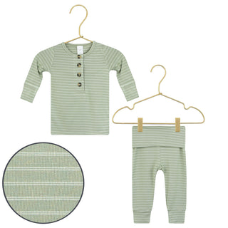 Lou Lou and Company Knit Top and Bottoms - Carson
Green striped baby shirt and pants set on hangers with close-up of fabric texture.
