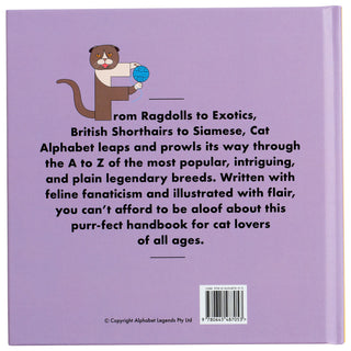 Cat Alphabet Hardcover Book
Back cover of a book with text about cat breeds and an illustration of a cat holding a ball of yarn.