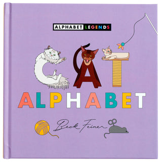 Cat Alphabet Hardcover Book
Book cover of 'Cat Alphabet' with colorful letters and cat illustrations on a purple background.