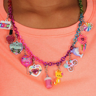 Charm It! Swivel Kitty Charm
Colorful charm necklace on a person wearing an orange shirt