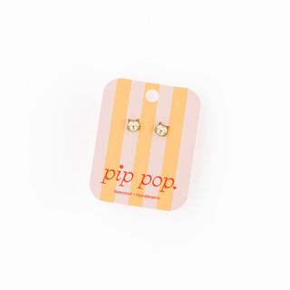 Pip Pop Post Earrings - White Cat
Pair of earrings on a 'pip pop' branded card with yellow stripes on a white background