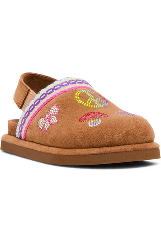 Steve Madden Toddler Chip Faux Suede Clog - Cognac Multi
A single brown suede slip-on clog sandal decorated with colorful beaded peace signs, bows, and a patterned strap, shown against a plain white background.