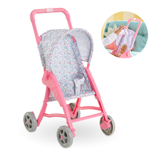 Corolle Floral Baby Doll Stroller with Folding Canopy for 12" Doll
Pink doll stroller with floral seat cover on a white background