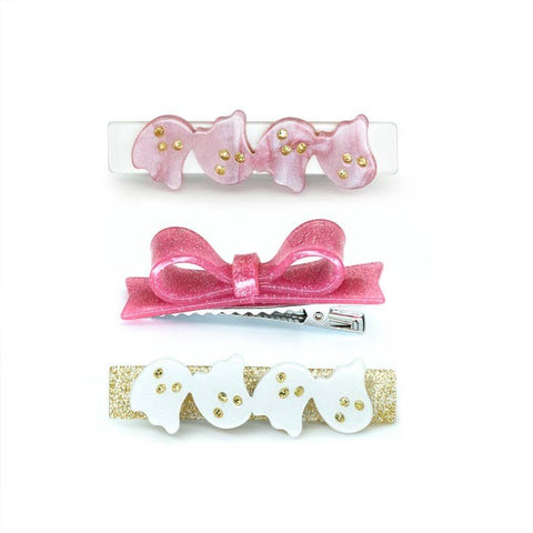 Lilies & Roses Ghosts Satin White Pink & Bowtie Alligator Clip Set, Lilies & Roses, 3 piece Clip Set, Boo Basket, cf-type-hair-claws-&-clips, cf-vendor-lilies-&-roses, Clip Set, Clippie, Clip