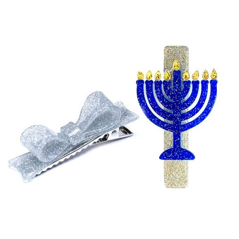 Lilies & Roses Menorah + Silver Glitter Bowtie Alligator Clip Set, Lilies & Roses, All Things Holiday, cf-type-hair-claws-&-clips, cf-vendor-lilies-&-roses, Chanukah, Christmas, Clip Set, Cli