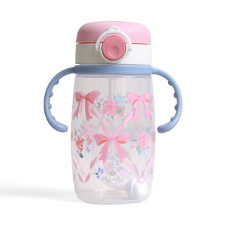Itzy Ritzy Itzy Sips™ Straw Cup - Ribbons & Boses
Children's sippy cup with pink lid, blue handles, and floral bow pattern on a white background