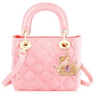 Carrying Kind Quilted Jelly Handbag - Pearl Ballet Pink
Pink handbag with a decorative crown charm on a white background