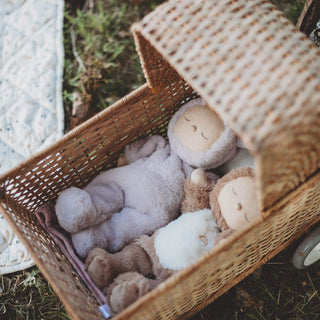 Olli Ella Cozy Dinkums - Bunny Twinkle
Wicker basket with plush toys on a grassy background