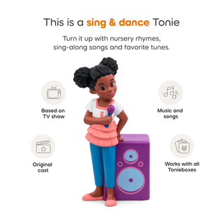 Tonies Character: Gracie's Corner
Toy figure with a microphone and purple box, featuring text about singing and dancing Tonie.