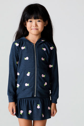 Chaser Allover Rose Buds Zip Up Hoodie
Young girl wearing a navy blue hoodie with floral patterns on a plain background