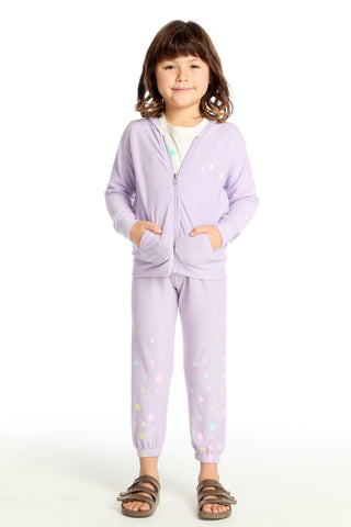 Chaser Candy Stars Zip Up Hoodie
Child wearing a light purple pajama set with star patterns on a white background