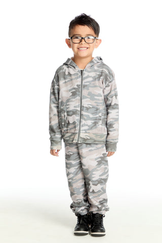 Chaser Desert Camo Jogger
Child wearing a camouflage hoodie and pants set on a white background