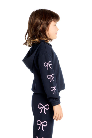 Chaser Shirred Easy Stormy Bows Sweatpant
Child wearing a navy hoodie and pants with pink bows on a white background