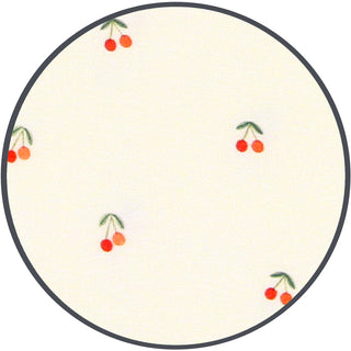 Lou Lou and Company - Sadie
A circular product, likely a coaster or decorative tile, featuring a cream background with a repeating pattern of small red cherries on green stems, framed by a dark gray border.