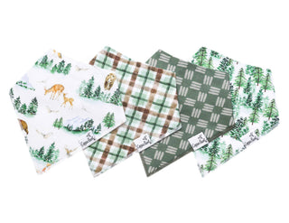 Copper Pearl Grayson Bandana Bib Set
Set of four fabric swatches with nature-themed patterns on a white background