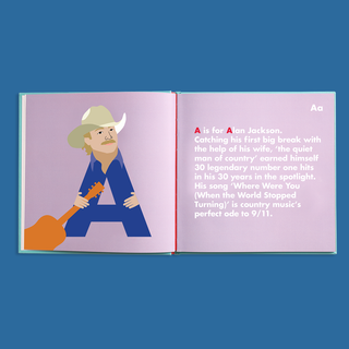 Country Legends Alphabet Hardcover Book
Book page with illustration of a man holding a guitar and text about Alan Jackson on a blue background