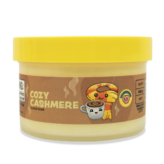 Peachybbies Cloud Slime - Cozy Cashmere
A jar of Cozy Cashmere Cloud Slime party powder by Party Puffz, featuring a bright yellow lid and a brown label with a cartoon character holding a coffee cup.