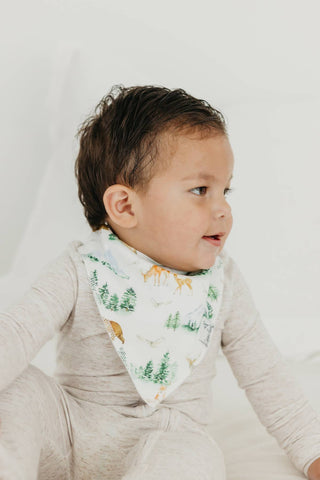 Copper Pearl Grayson Bandana Bib Set
Baby wearing a bib with a forest design on a plain background