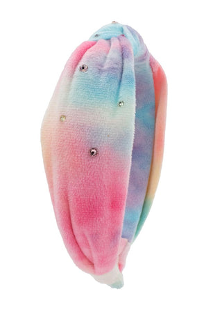 Bari Lynn Plush Jeweled Knot Headband - Pastel Tie Dye
A pastel tie-dye plush headband with pink, blue, and yellow gradients, decorated with small silver rhinestones, shown on a solid white background.