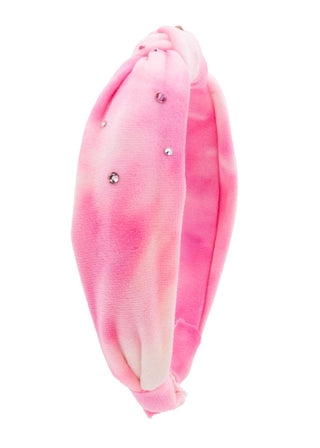Bari Lynn Plush Jeweled Knot Headband - Pink Tie Dye
A pink tie-dye velvet headband with small rhinestone embellishments, shown on a solid white background.