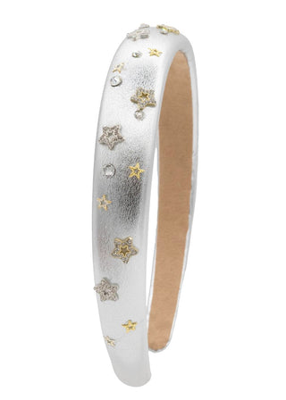 Bari Lynn Crystallized Metallic Star Charm Headband - Silver
A silver-toned open cuff bangle bracelet decorated with small star-shaped charms in yellow gold and silver, some of which are set with clear rhinestones, shown against a plain white background.