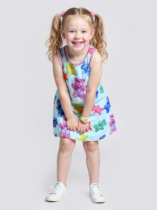 Baby Sara gummy bear print A-line dress for girls, featuring colorful gummy bear motifs and a classic A-line silhouette.