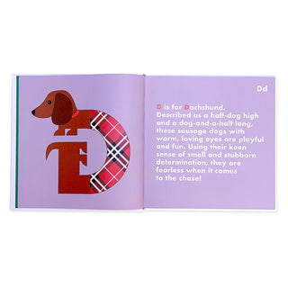 Dog Alphabet Hardcover Book
Open book with letter 'D' for Dachshund illustration and text on a purple background