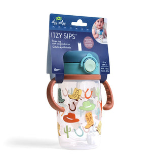 Itzy Ritzy Itzy Sips™ Straw Cup - Giddy Up
Itzy Sips sippy cup with cowboy design in packaging on a white background