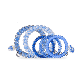 Teleties Spiral Hair Coils Mix Pack: Drop It Like a Dreidel Mix Pack Hair Ties
Set of blue beaded bracelets with decorative ends on a transparent background